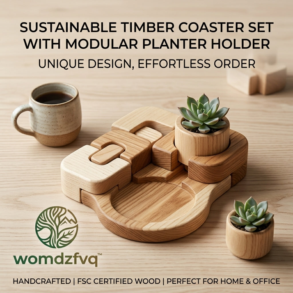 womdzfvq™ Sustainable Timber Coaster Set with Modular Planter Holder – Handcrafted FSC Certified Wood Desktop Organizer for Home & Office