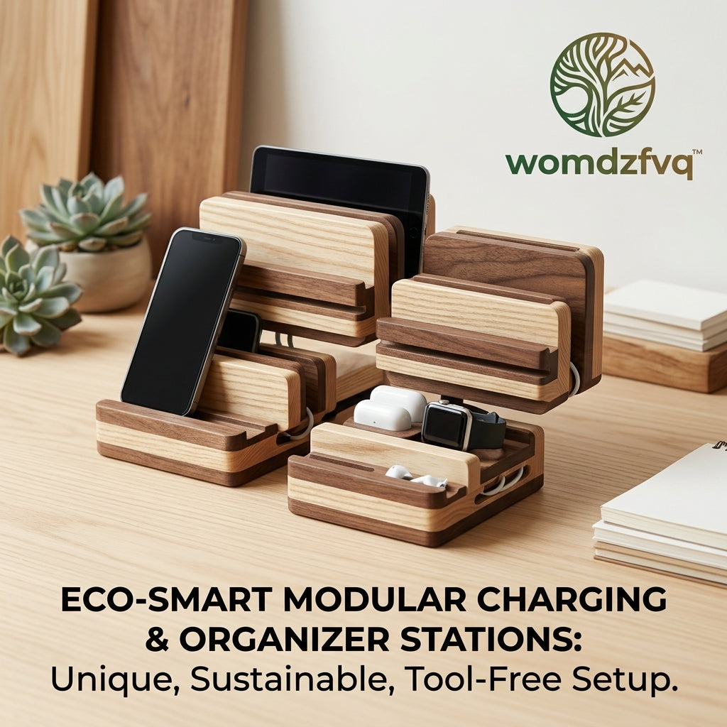 womdzfvq™ Modular Wooden Charging Station & Desktop Organizer – Sustainable Eco-Friendly Tech Dock for iPhone, Apple Watch, iPad, & Earbuds – Tool-Free Assembly, Modern Cable Management Stand for Home Office