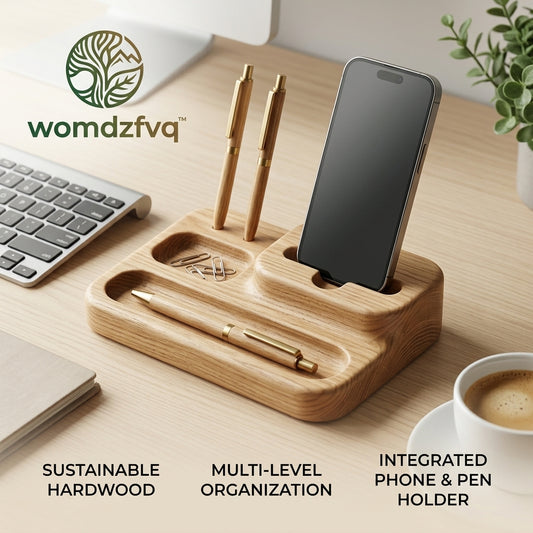 womdzfvq™ Sustainable Wooden Desk Organizer – Minimalist Phone Stand & Pen Holder – Eco-Friendly Office Docking Station for Clutter-Free Workspace & Home Desk