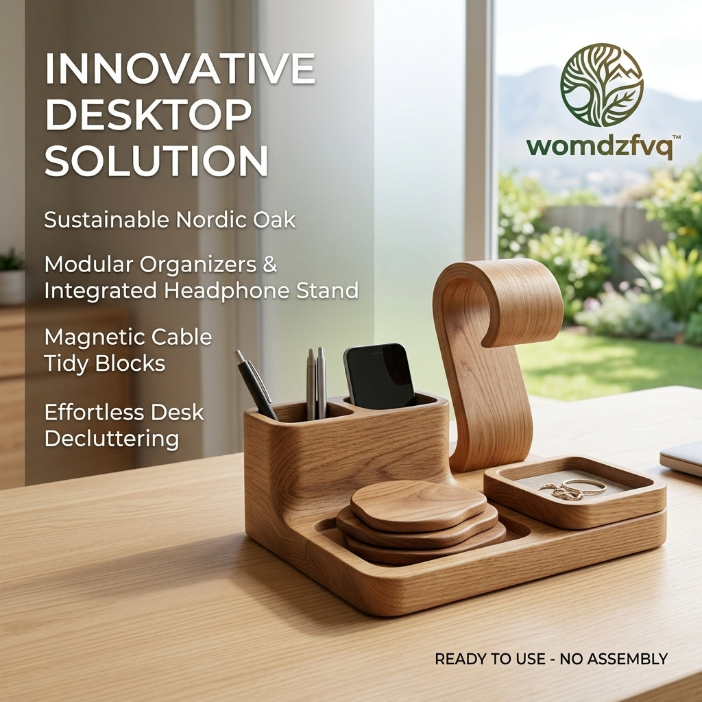 womdzfvq™ Sustainable Nordic Oak Desk Organizer & Headphone Stand – Minimalist Wooden Docking Station with Integrated Phone Holder, Pen Tray, and Cable Management for Home Office Decluttering