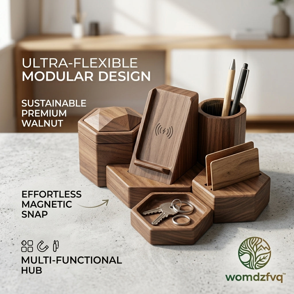 womdzfvq™ Premium Walnut Modular Desk Organizer - Magnetic 5-in-1 Desktop Storage Set with Wireless Charger Stand, Pen Holder, Card Display, Key Tray & Storage Box - Luxury Eco-Friendly Office Executive Gift