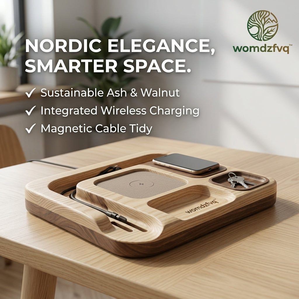 womdzfvq™ Premium Wooden Desk Organizer & Wireless Charging Station | Sustainable Ash & Walnut Valet Tray | Magnetic Cable Tidy, Phone Dock & Key Holder | Elegant Nightstand Organizer for Home & Office